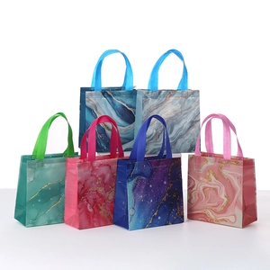 Set of six colorful marble pattern non-woven gift bags with reinforced handles