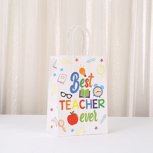 Cartoon kraft paper gift bag with 'Best TEACHER ever' print and white handles
