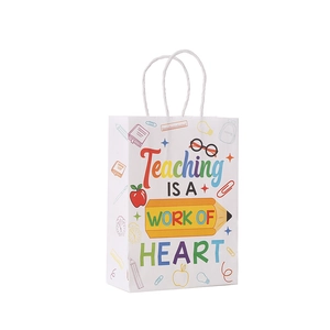 White paper gift bag for teachers with colorful school supplies and heart quote print