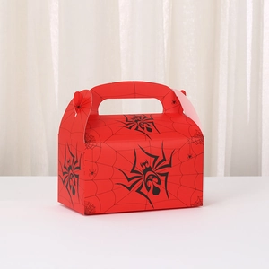 Red Spider-Man themed gift box with spider web patterns and handle for parties
