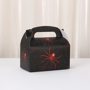 Halloween party candy box with red spider web print and integrated handle handle design