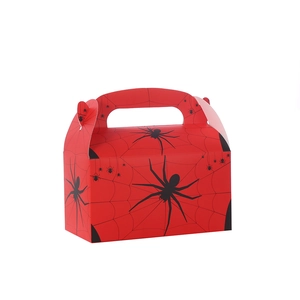 Isometric view of a red Spiderman-themed paper party gift box with spider web patterns