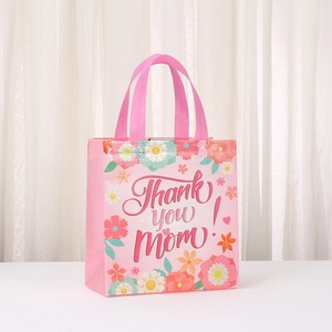 Pink Mother's Day non-woven gift bag with floral print and Thank You Mom text