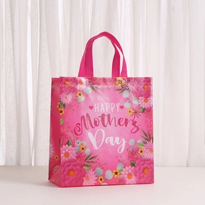 Sac cadeau rose fête des mères en non-tissé avec motifs floraux et anses solides