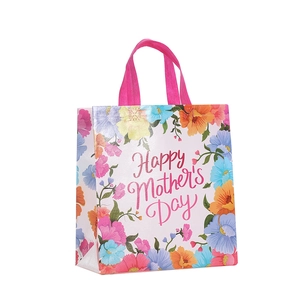 Sac cadeau imperméable pour la fête des mères avec motif floral et poignées roses