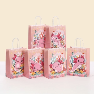 Süße Cartoon Axolotl Kraftpapier Geschenktüten Mit Griffen Rosa Ozean Thema Muster Tragbare Verpackungstüten Für Geburtstag Party