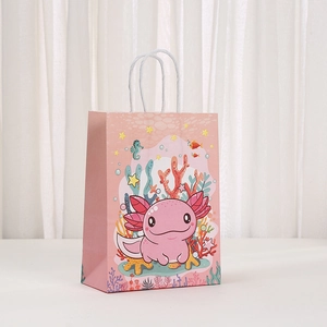 Rosa Axolotl Papier-Geschenktüte mit Meeresmotiven und weißen Kordelgriffen