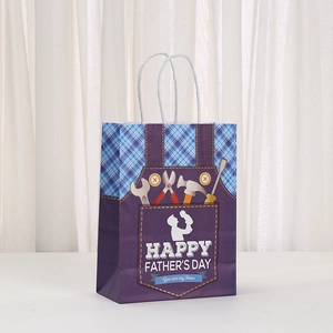 Purple Happy Father's Day gift bag with tools illustration and white rope handles