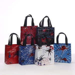 Detail showing the waterproof non-woven texture and spider web print on gift bags