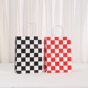 Checkered paper gift bags set in black and red plaid patterns with white rope handles