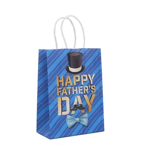 Blue striped Father's Day paper gift bag with Happy Father's Day text and bow tie icon