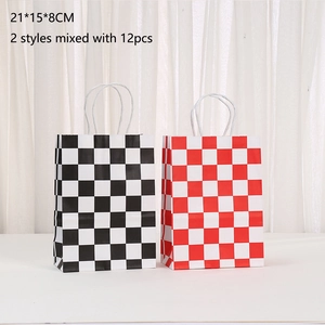 Checkerboard kraft gift bags in red and black colors with sturdy paper handles