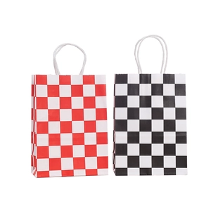 Checkboard paper gift bags with white rope handles in red and black grid patterns