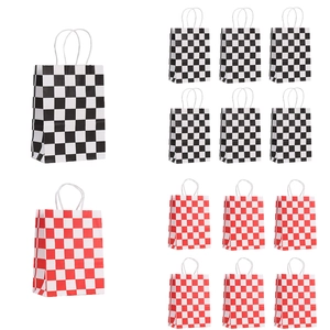 Classic checkered paper gift bags in black and red patterns with white sturdy handles