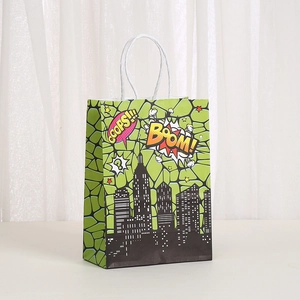 Comic style kraft paper gift bag with superhero silhouettes and city theme print