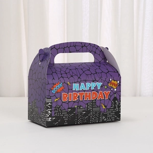 Square purple superhero themed birthday gift box with comic style city silhouette