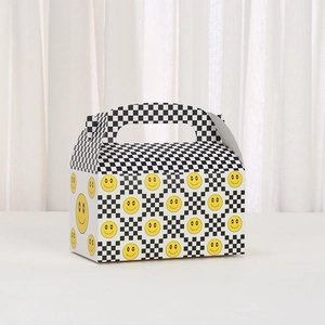 Creative yellow smiley face gift box with checkered pattern and handle for party favors