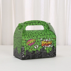 Green comic book style gift box with superhero themes and a curved handle for party favors