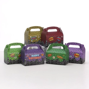 Close-up of comic style gift boxes with city skyline and superhero sound effects