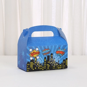 Comic city hero themed blue gift box with spider web and boom explosion graphics