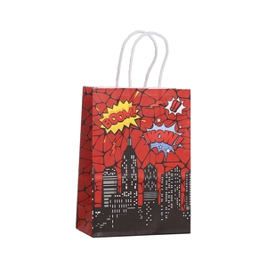 Comic style red kraft paper gift bag with BOOM! print and city silhouette detail