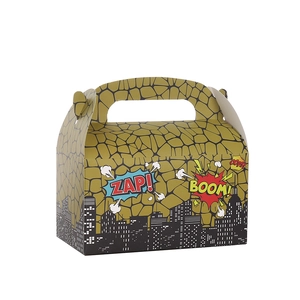 Comic style square gift box with superhero theme and handle for pastry or party favors