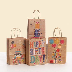 Kraft Paper Gift Bags With Handles Happy Birthday Printed Party Favor Bags For Birthday Gift Wrapping Shopping Bag