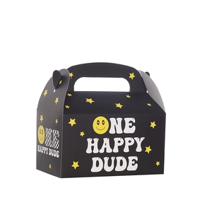 Black One Happy Dude party gift box with yellow smiley face and star prints