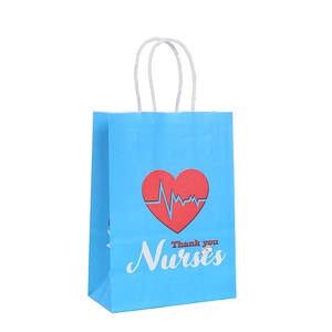 Nurse appreciation light blue gift bag with heart heartbeat design and twisted handles