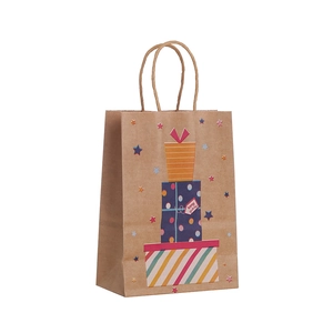 Brown kraft paper birthday gift bag with colorful gift boxes and Happy Birthday text