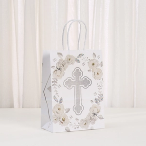 White kraft paper gift bag with silver glitter cross and elegant floral pattern print