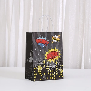 Comic style city hero gift bag with WOW ZAP prints and white twisted rope handles