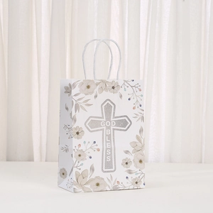 White God Bless gift bag with silver glitter cross and elegant floral pattern print