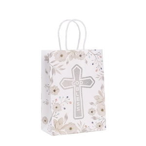 Elegant white God Bless paper gift bag with floral patterns and silver glitter cross