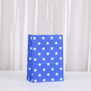 Blue kraft paper gift bag with white stars and rope handles for holiday shopping