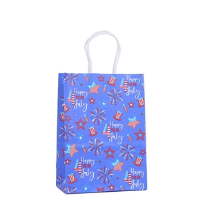 Sky blue Happy 4th of July kraft paper gift bag with red white and blue festive stars