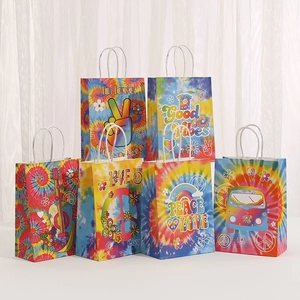Retro Hippie Kraft Paper Gift Bag Colorful Tie-Dye Print Handle Bag Peace Sign Guitar Heart Love Retro Handheld Paper Bag For Party Favors Shopping Storage