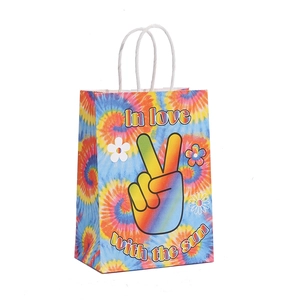 Colorful tie-dye kraft paper gift bag with peace sign and In love with the sun print