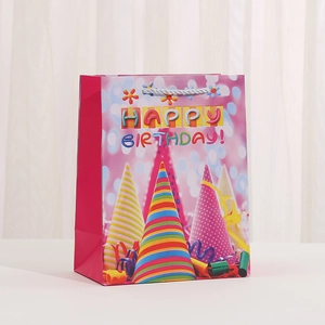 Colorful white card gift bag with Happy Birthday print and silver braided handles