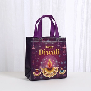 Purple Happy Diwali non-woven gift bag with colorful Diya patterns and sturdy handles