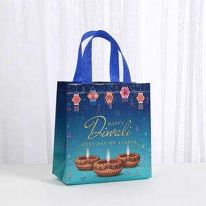 Waterproof Diwali non-woven gift bag with Happy Festival of Lights print and blue handle