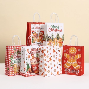 Christmas Kraft Paper Gift Bags With Handles Gingerbread Man Patterns Merry Christmas Printed Party Favor Shopping Bags For Holiday Gifting