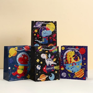 Space Cartoon Dinosaur Paper Gift Bags With Handles For Kids Birthday Party Favors Astronaut Theme Candy Packaging Bags