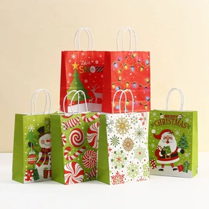 Christmas Kraft Paper Gift Bags With Handles Santa Snowman Patterns For Party Favor Candy Packaging Holiday Decor
