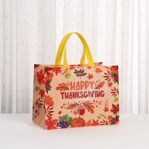 Waterproof non-woven Thanksgiving gift bag with fall maple leaves and pumpkin prints