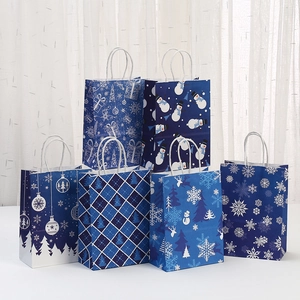 Blue Christmas Gift Paper Bag Snowflake Reindeer Snowman Pattern Printed Tote Bags For Holiday Party Candy Favor Shopping