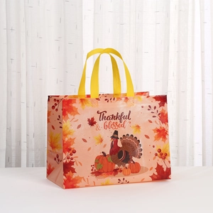 Laminated non-woven Thanksgiving gift bag with festive pumpkin and turkey prints