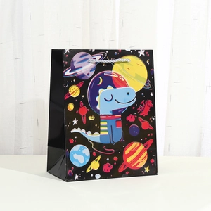 Space dinosaur gift bag with blue astronaut cartoon dinosaur print and grey rope handle