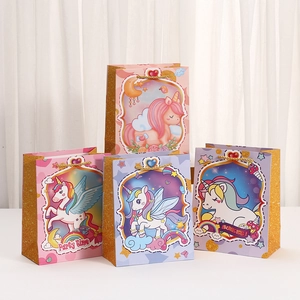 Cartoon Unicorn Print Gift Wrapping Paper Bag With Golden Handle Dreamy White Cardboard Tote For Birthday Party Favor Bags