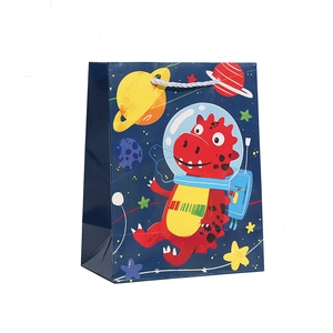 Space dinosaur cartoon gift bag made of heavy-duty paper with white woven handles